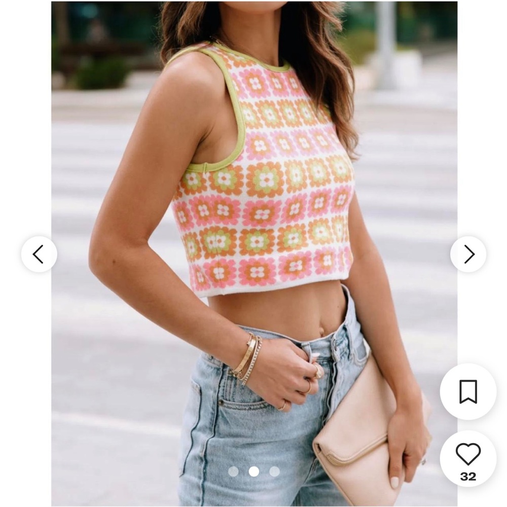 VICI Debut Groove On By Floral Checkered Knit Tank Crop Pink Orange Green M/L
